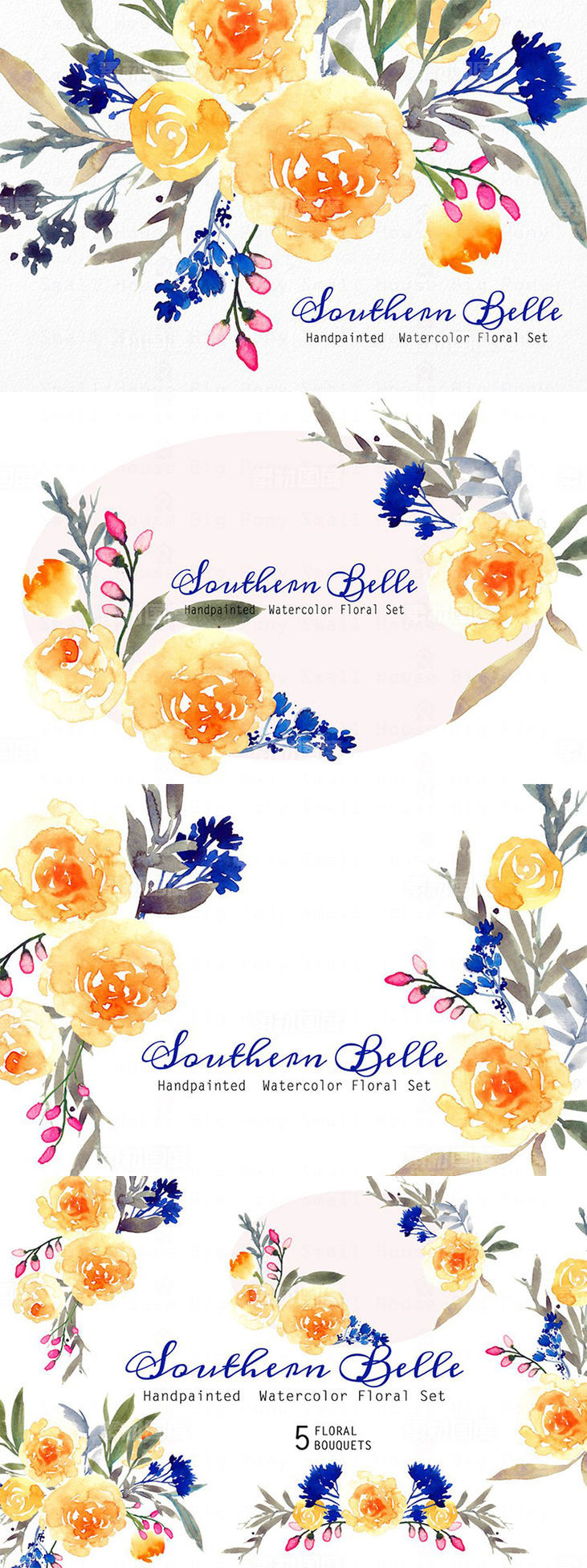 水彩手绘江南彩色花卉插画 Southern Belle ndash Watercolor Floral S