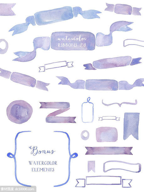 淡紫色手绘水彩丝带元素 Watercolor Ribbons Ver 2.0 - 源文件