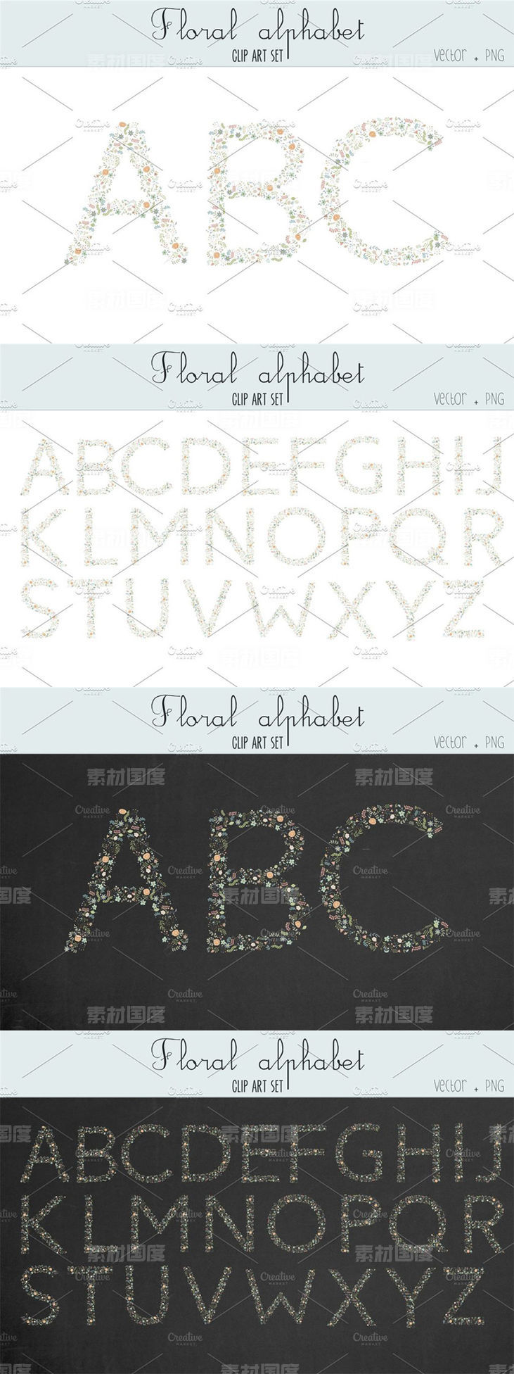 漂亮的手绘水彩花卉字母表剪贴画 Floral alphabet clip art