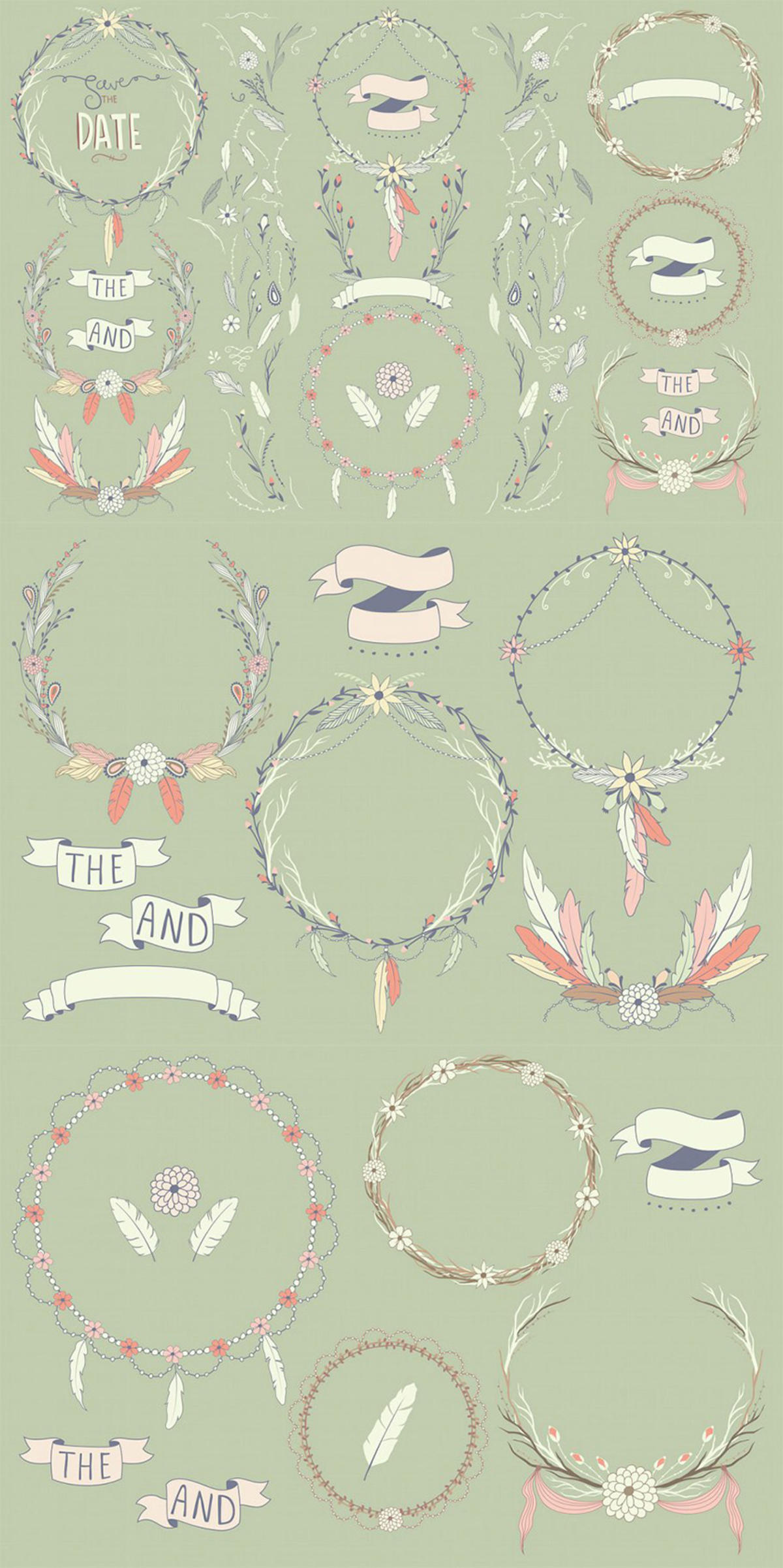 波西米亚风花环印花剪贴画系列 Boho Wreaths Florals Collection