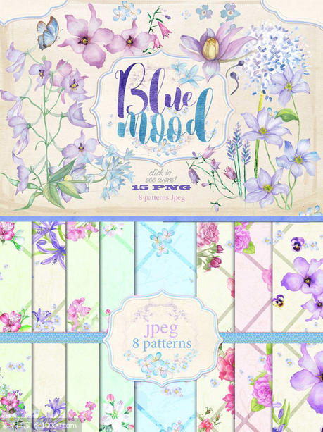蓝色手绘水彩花卉插画素材合集 Floral collection Blue mood - 源文件