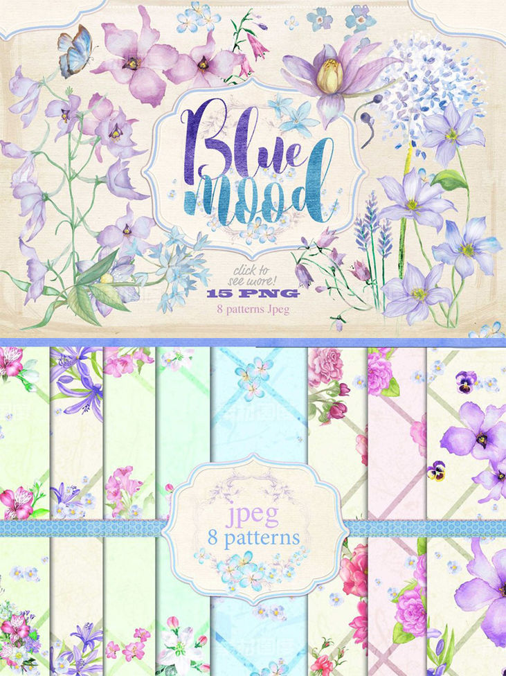 蓝色手绘水彩花卉插画素材合集 Floral collection Blue mood