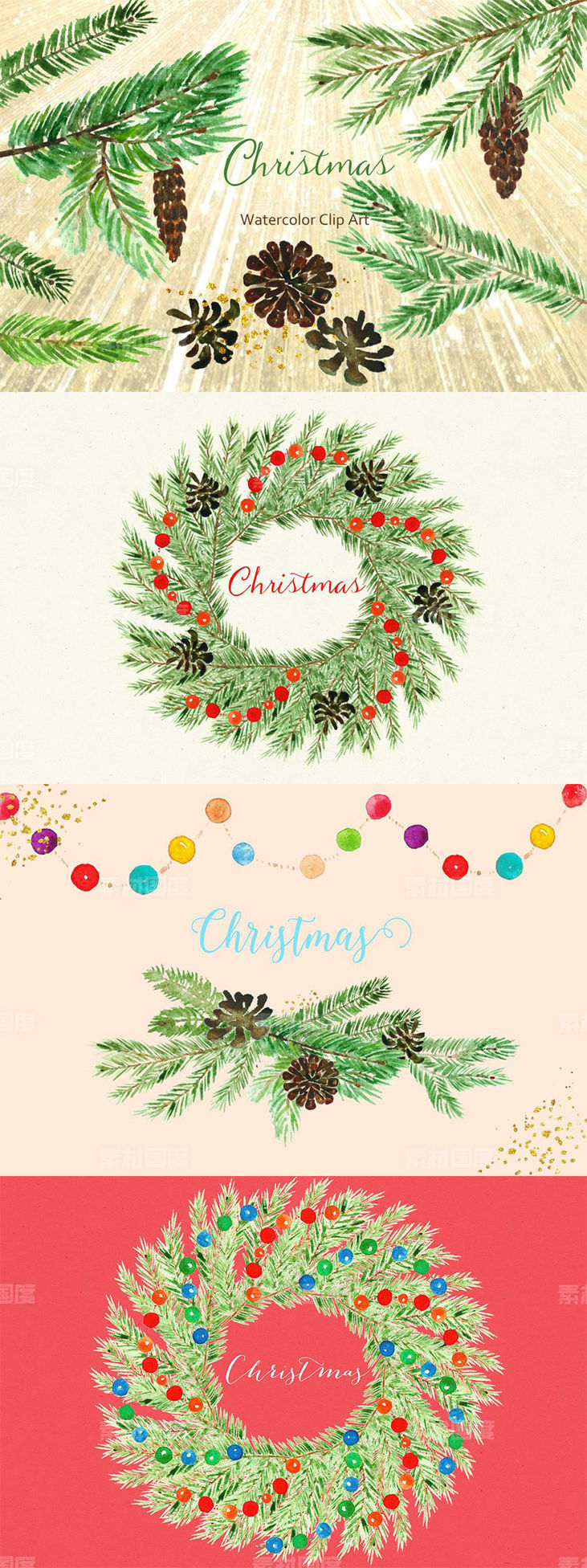水彩手绘圣诞树剪贴画套装 Christmas tree. Watercolor Clipart