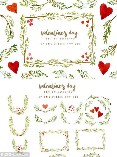 情人节手绘水彩装饰边框剪贴画 Valentinersquos day frames and borders - 源文件