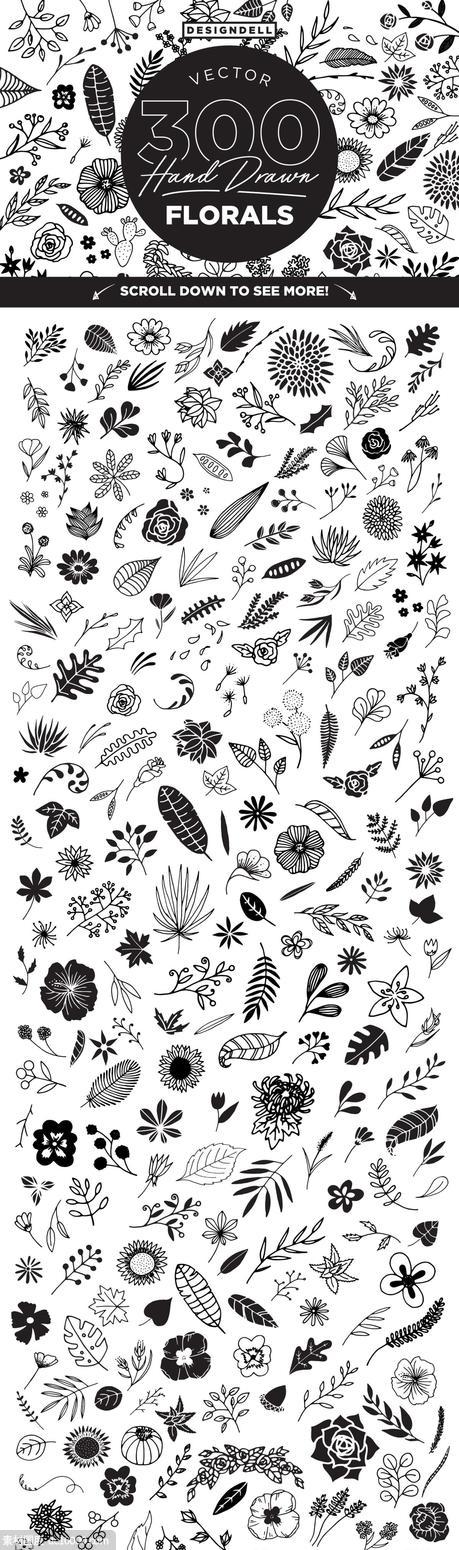 300幅手绘线条艺术风格花卉剪贴画 300 Hand Drawn Florals - 源文件