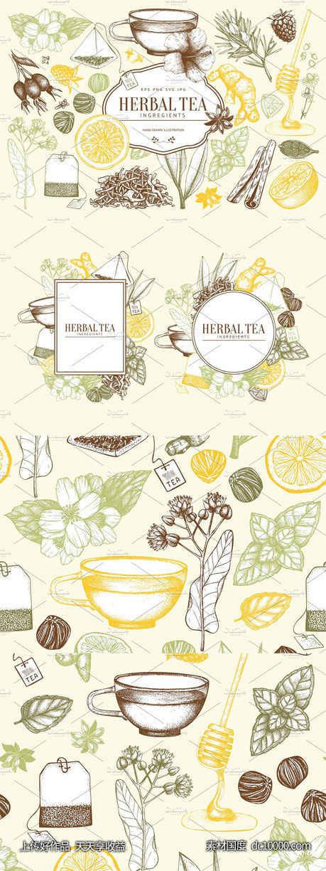 老式凉茶草药成分矢量插图合集 Vector Herbal Tea Ingredients Set-源文件-素材国度dc10000.com