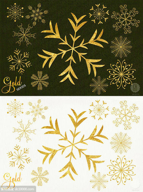 金色雪花圣诞装饰素材合集 Gold snowflakes christmas decoration - 源文件