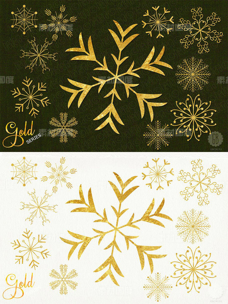 金色雪花圣诞装饰素材合集 Gold snowflakes christmas decoration