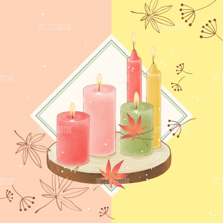 创意设计秋季枫叶叶子南瓜杯子蜡烛促销插画