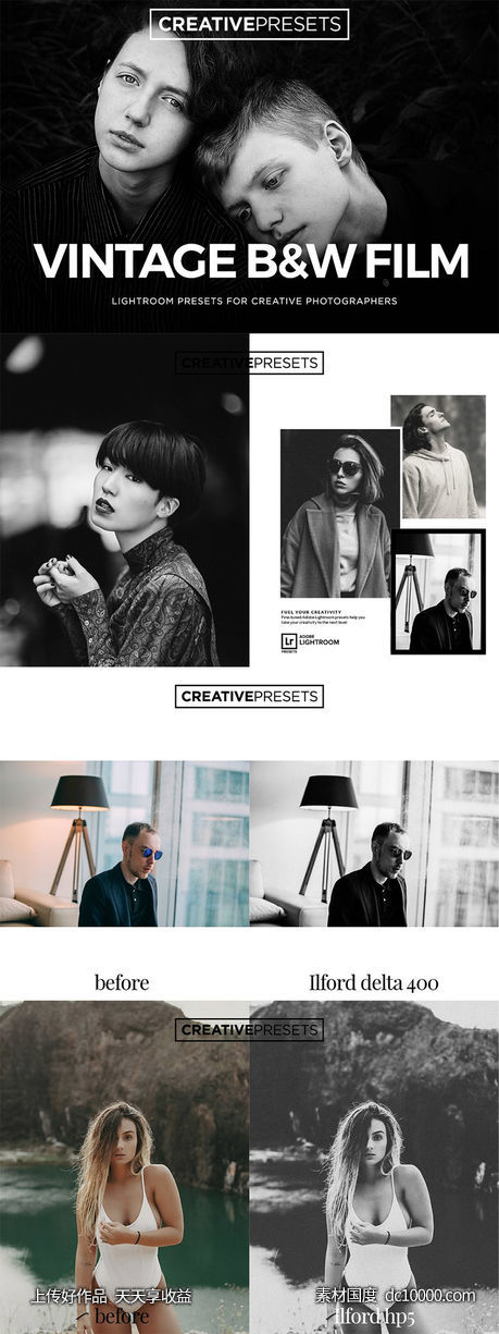 复古怀旧风格黑白照片调色滤镜LR预设 Vintage Film Lightroom Presets【PDF】-源文件-素材国度dc10000.com