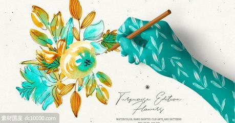 水彩手绘花卉剪贴画和无缝图案纹理【png】 - 源文件