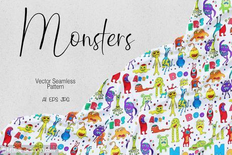 小怪兽手绘卡通图案背景素材 Monsters【AI,EPS,JPG】 - 源文件