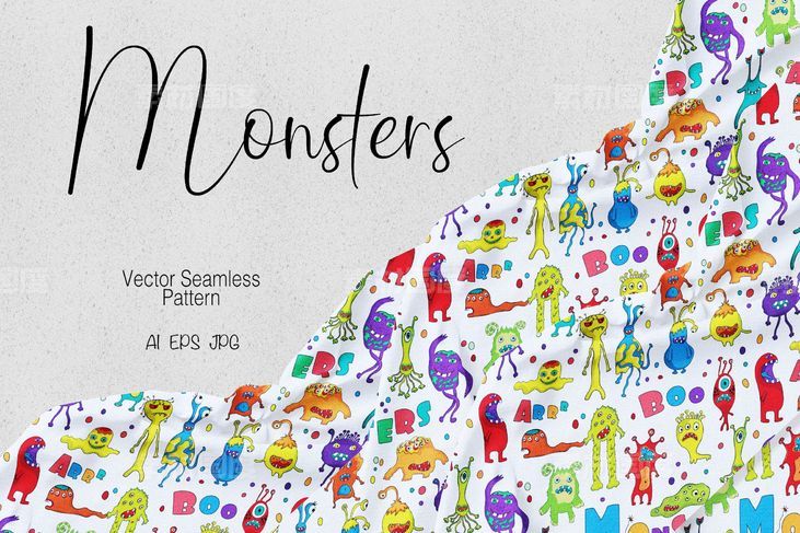 小怪兽手绘卡通图案背景素材 Monsters【AI,EPS,JPG】