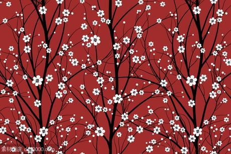 鲜花盛开的樱桃树手绘图案无缝纹理背景素材【EPS,SVG,JPG】 - 源文件