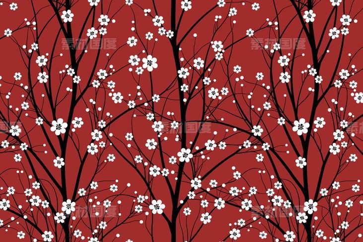 鲜花盛开的樱桃树手绘图案无缝纹理背景素材【EPS,SVG,JPG】
