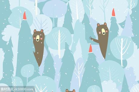 萌呆的卡通动物森林手绘无缝图案圣诞背景素材【AI,EPS,JPG,PNG】 - 源文件