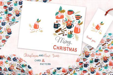 圣诞饮品手绘图案背景素材贺卡设计模板【AI,EPS,JPG】 - 源文件