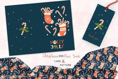圣诞袜子圣诞拐杖糖手绘图案背景素材卡片设计模板【AI,EPS,JPG】 - 源文件