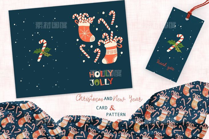 圣诞袜子圣诞拐杖糖手绘图案背景素材卡片设计模板【AI,EPS,JPG】