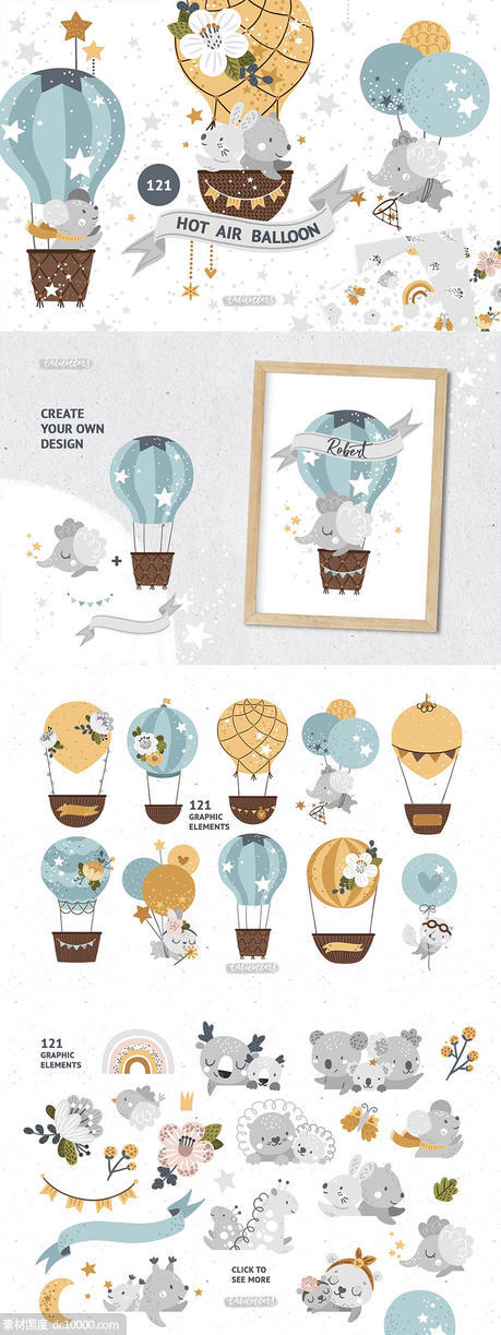 动物热气球梦幻插画图案下载[EPS] - 源文件