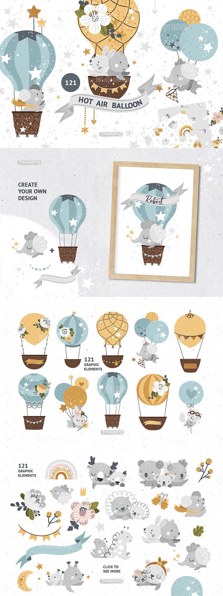 动物热气球梦幻插画图案下载[EPS]