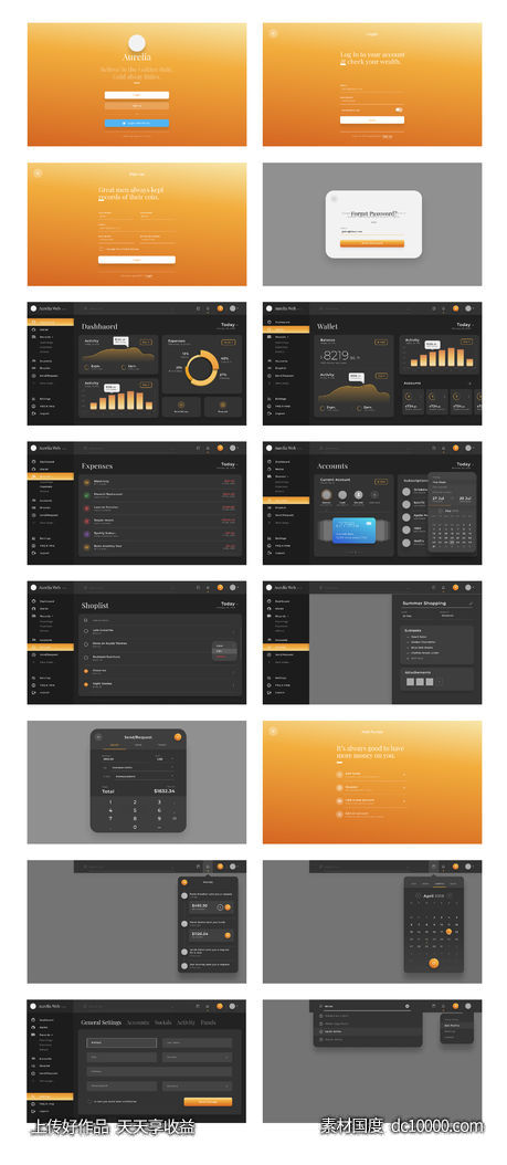 Aurelia 深色主题 dashboard 模板 .sketch .xd .psd素材下载-源文件-素材国度dc10000.com