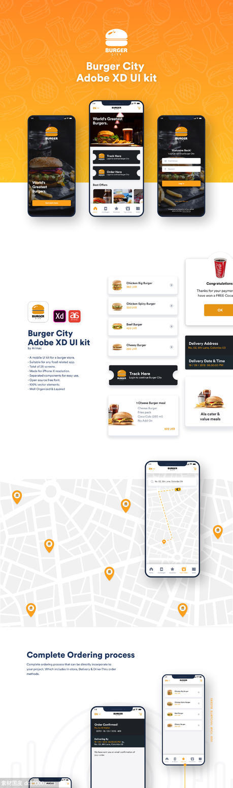 Burger City Adobe XD app UI kit .xd素材下载 - 源文件