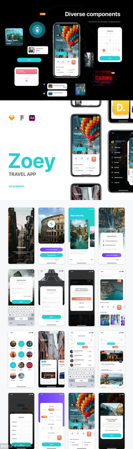 Zoey 旅游app ui kit .sketch .fig .xd素材下载 - 源文件