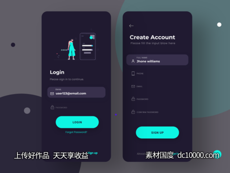 深色主题app 登录注册ui .xd素材下载-源文件-素材国度dc10000.com