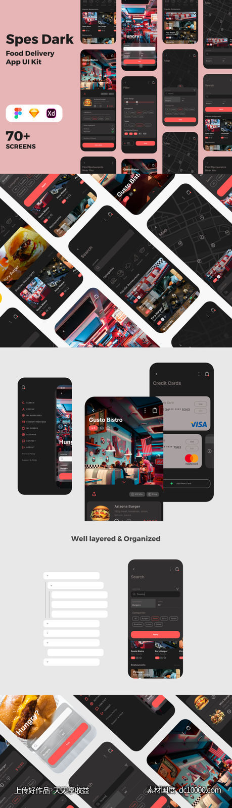 暗色主题成套餐饮美食外卖app ui spec .xd .sketch .fig素材下载-源文件-素材国度dc10000.com