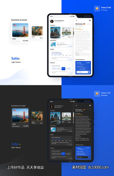 galaxy fold版旅行app ui  mockup .sketch素材下载-源文件-素材国度dc10000.com