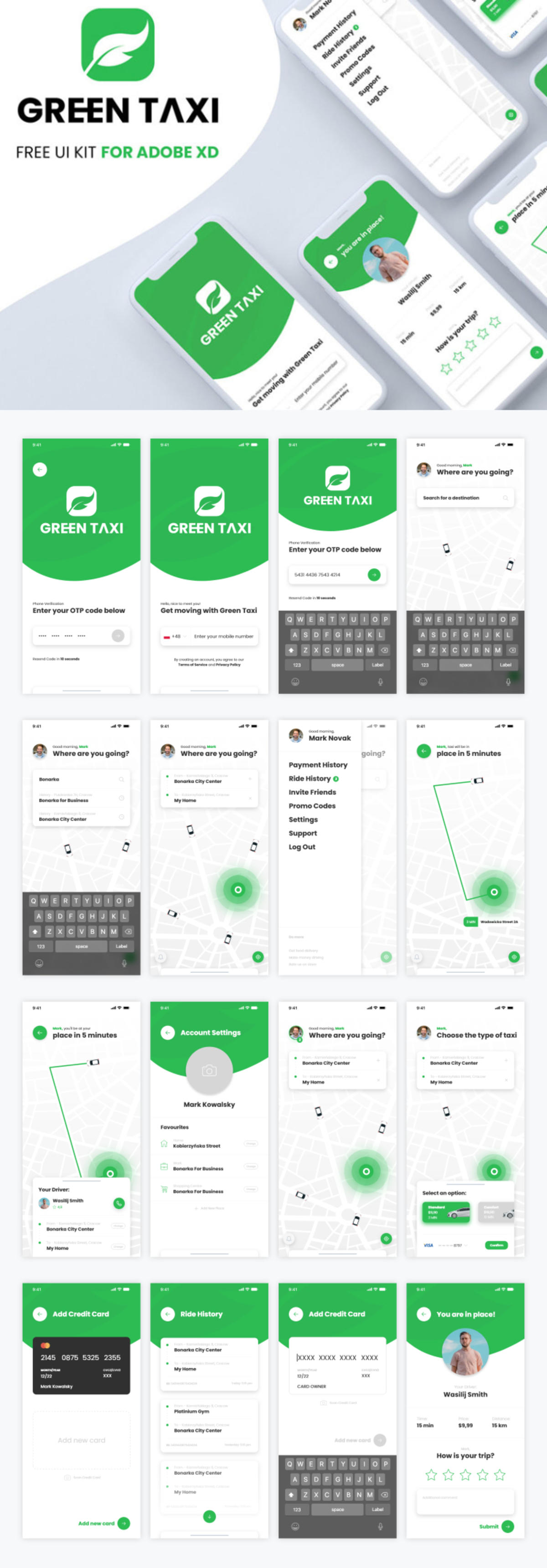  打车app ui 模板Green taxi .xd素材下载