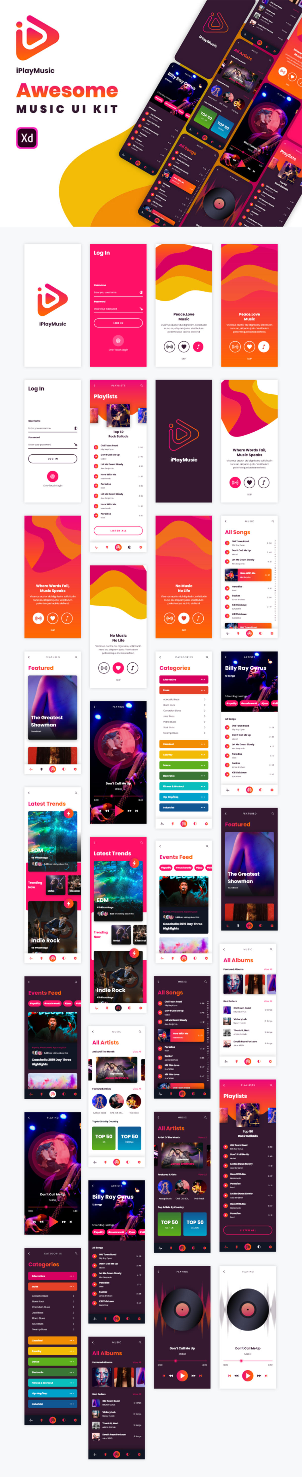 音乐app ui 模板 iplaymusic uikit .xd素材下载