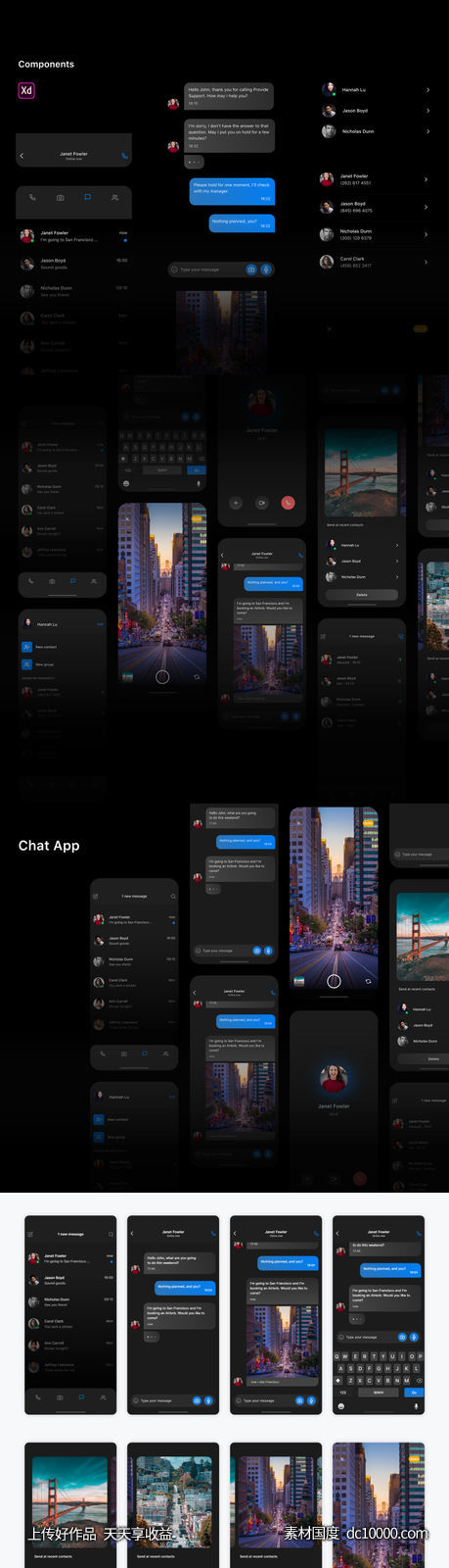 黑色主题聊天app ui .xd素材下载-源文件-素材国度dc10000.com