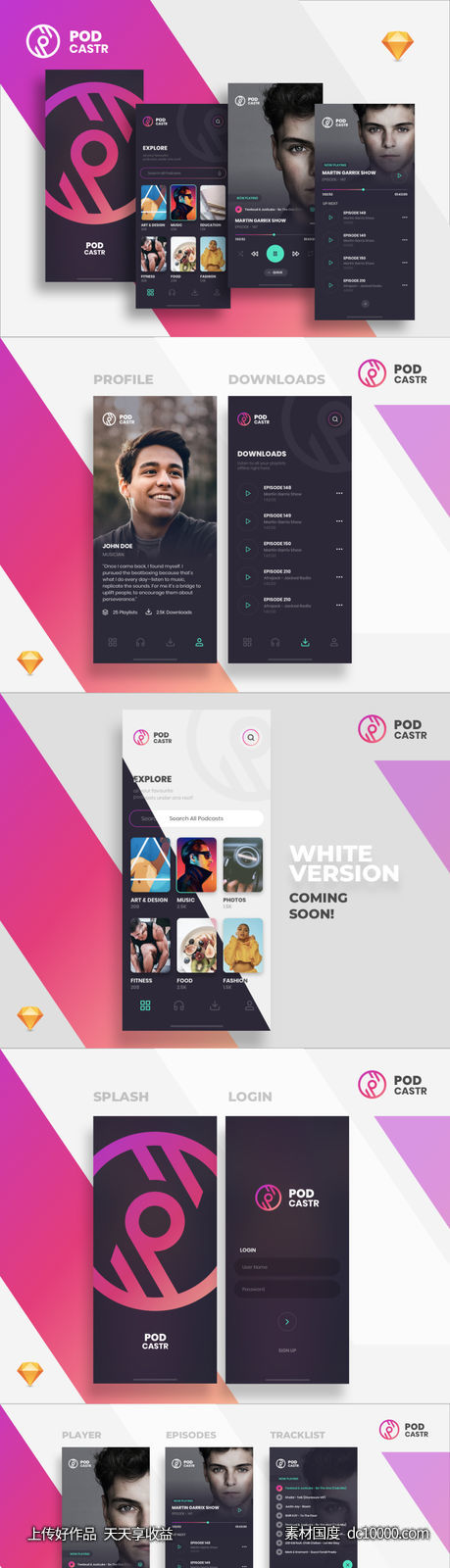 Podcast app redesign UI kit .sketch素材下载-源文件-素材国度dc10000.com