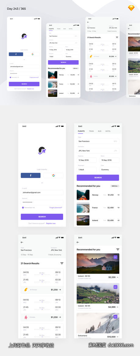 机票预订app ui .sketch下载-源文件-素材国度dc10000.com