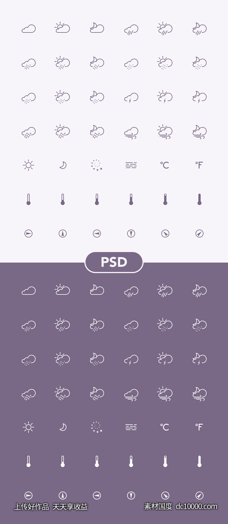 一组简洁的线型天气图标psd下载 - 源文件