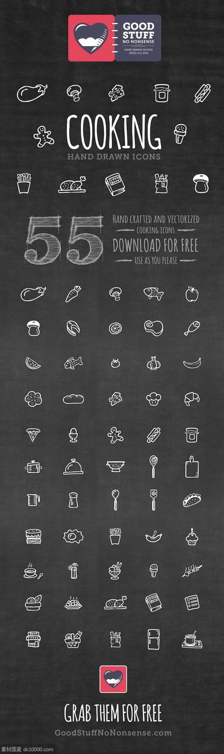 55个手绘风格厨房工具、美食图标 .eps .ai素材下载 - 源文件