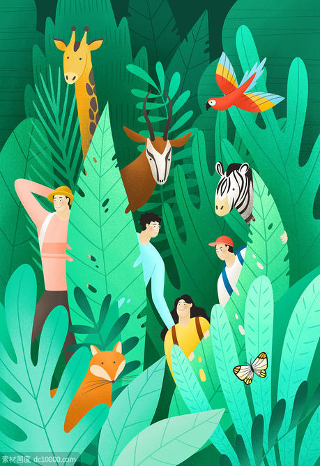 生态公园情侣热带植物动物插画PSD分层设计素材 - 源文件