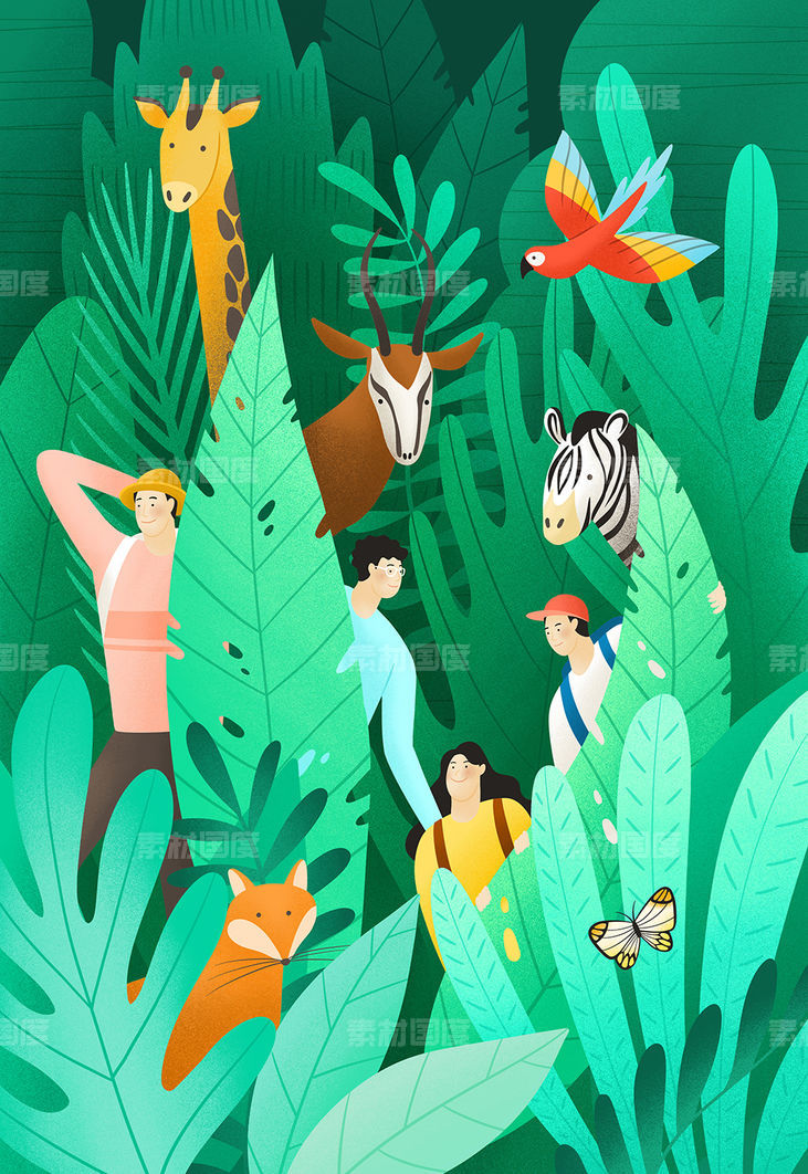 生态公园情侣热带植物动物插画PSD分层设计素材