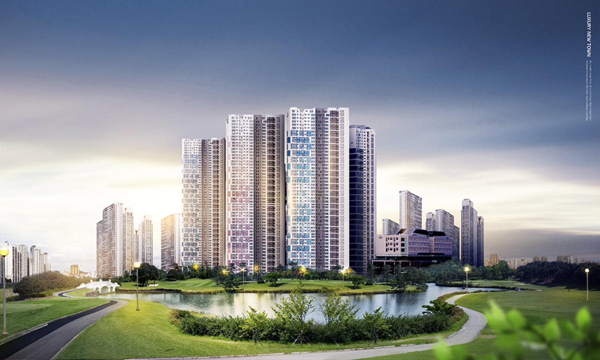 现代城市建筑风景河流琥珀地产海报PSD分层设计素材