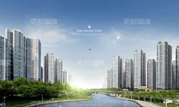 现代城市建筑风景河流琥珀地产海报PSD分层设计素材