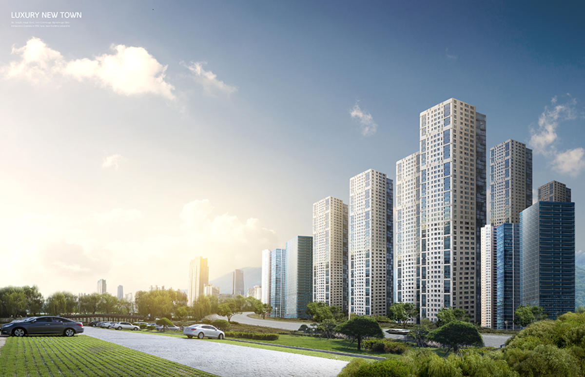 现代城市建筑风景河流琥珀地产海报PSD分层设计素材