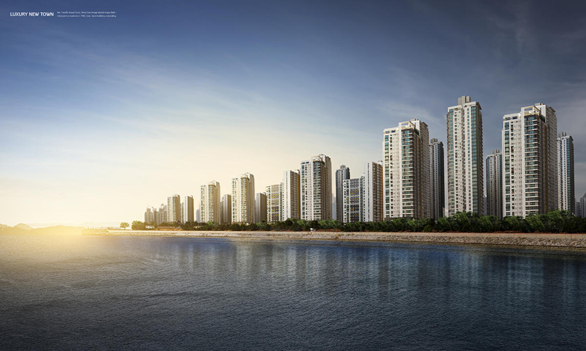 现代城市建筑风景河流琥珀地产海报PSD分层设计素材
