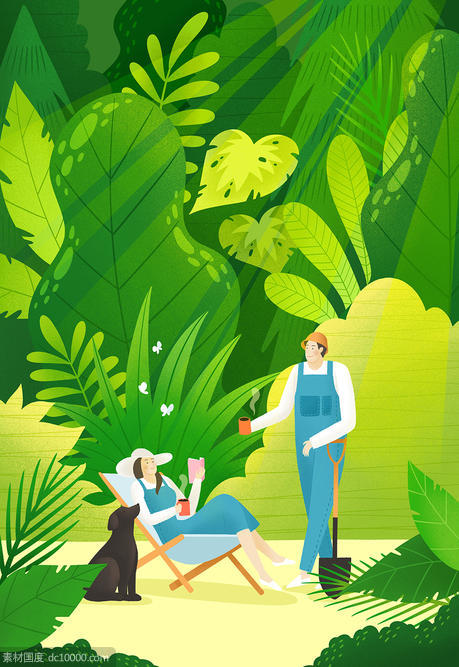 生态公园情侣热带植物动物插画PSD分层设计素材 - 源文件