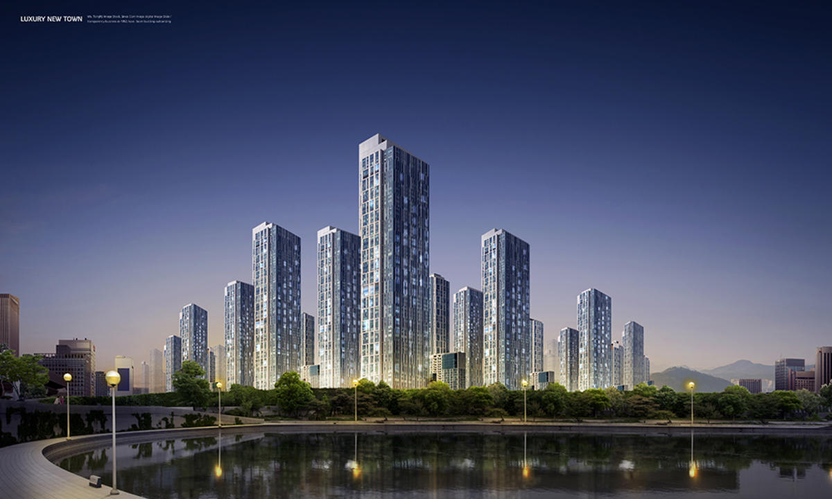 现代城市建筑风景河流琥珀地产海报PSD分层设计素材