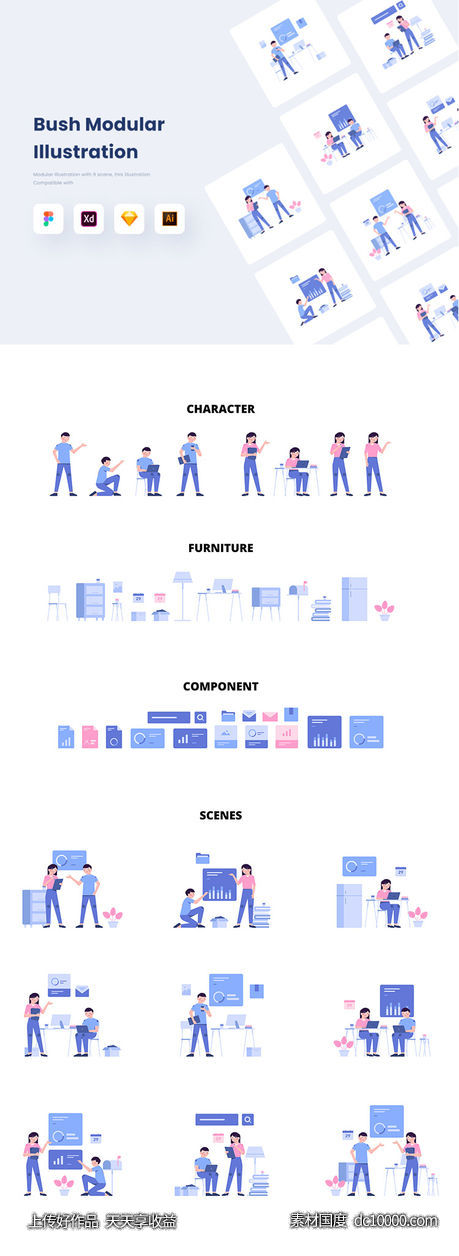 Bush 模块化可以拼接插画素材包 .fig .ai .sketch .xd素材下载-源文件-素材国度dc10000.com