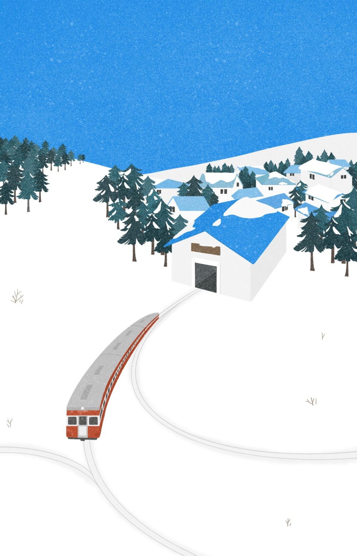冬季雪地风景旅游火车休闲娱乐节日插画PSD分层设计素材