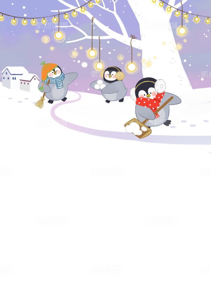 冬季动物乐园企鹅北极熊冰山雪地雪人插画PSD分层设计素材