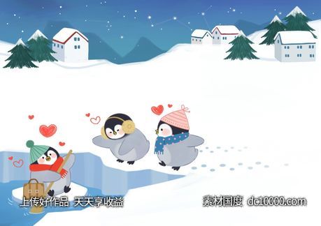 冬季动物乐园企鹅北极熊冰山雪地雪人插画PSD分层设计素材-源文件-素材国度dc10000.com